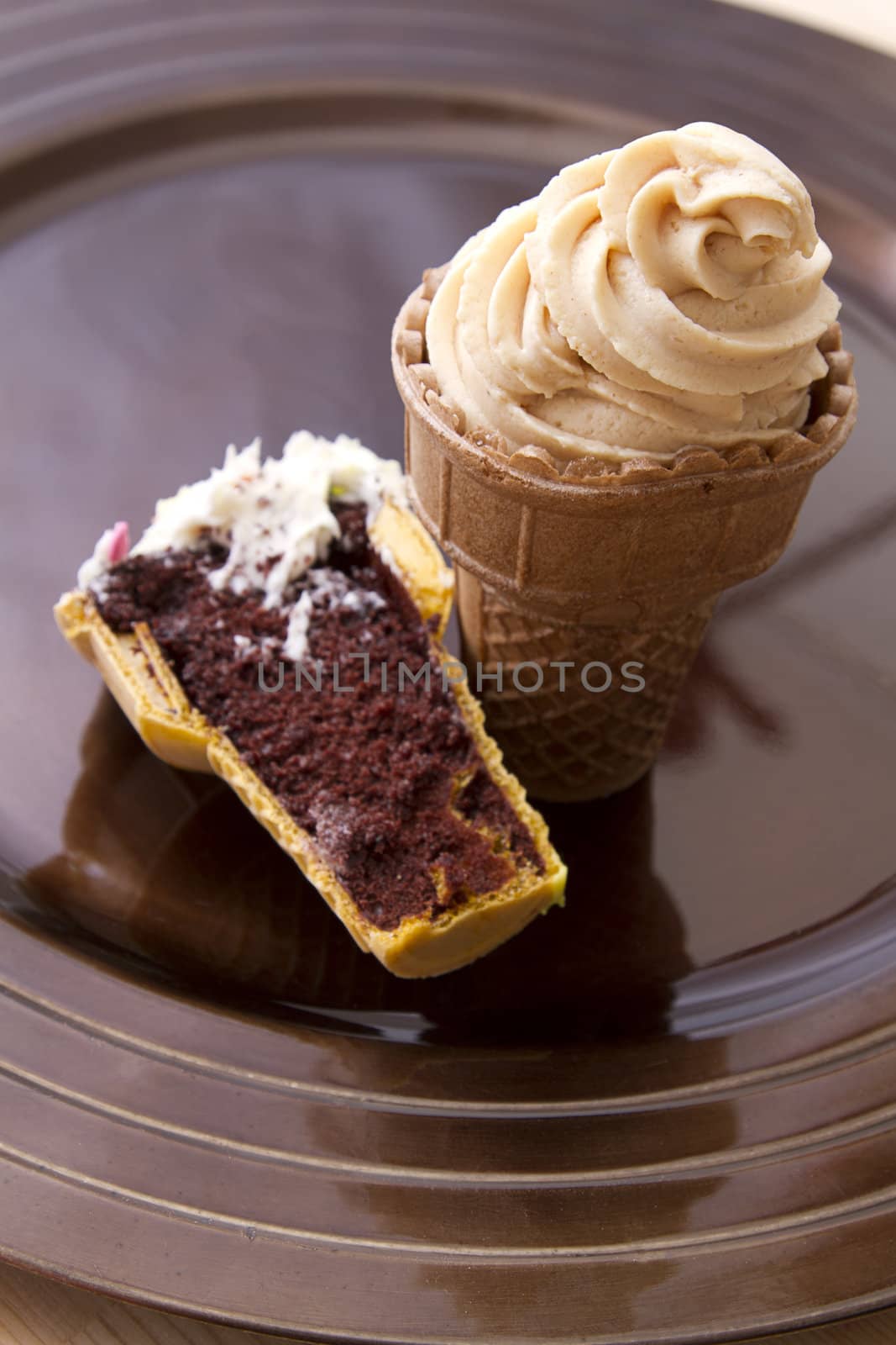 Chocolate cupake in a ice cream cone with a swirl of icing