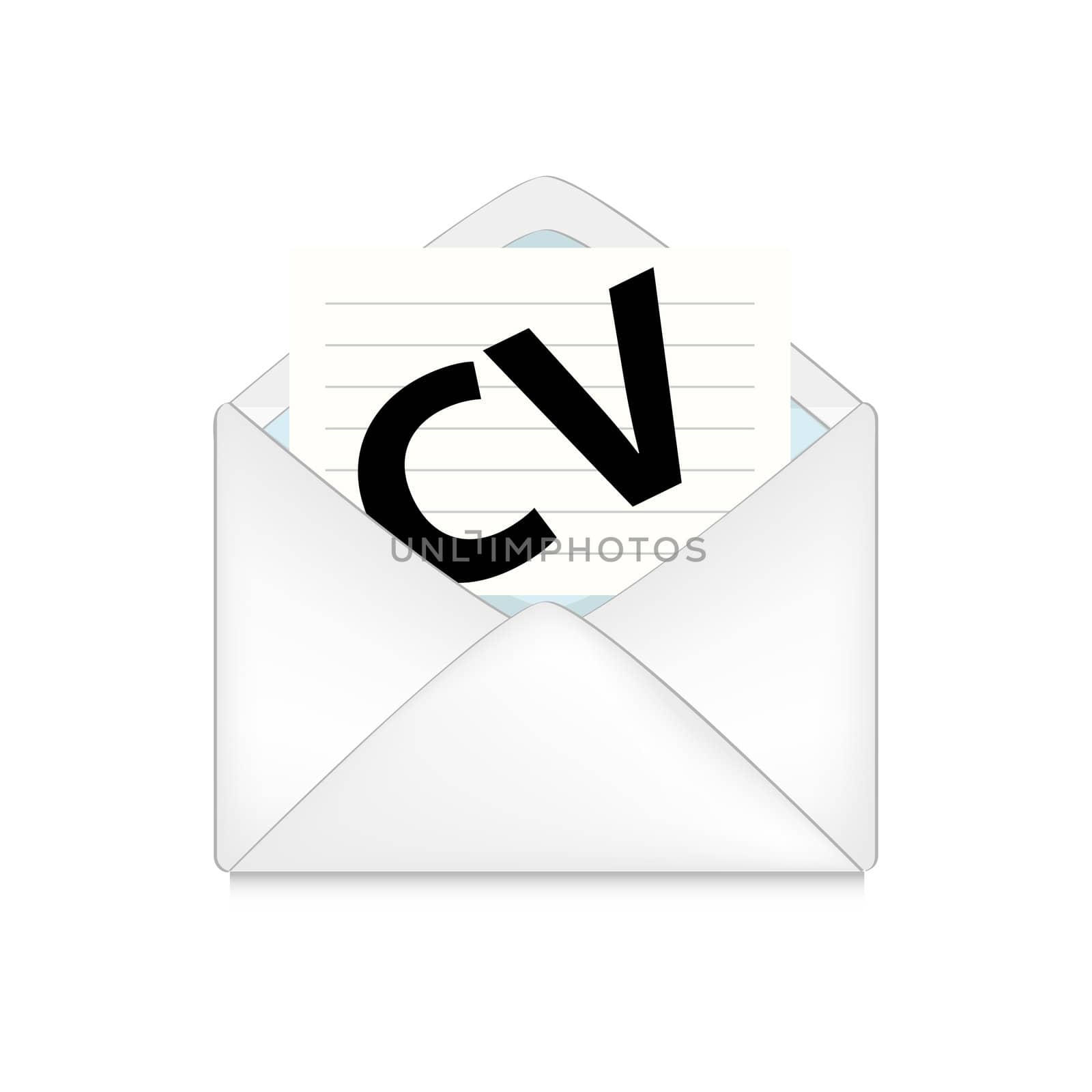 opened envelope with cv on white background