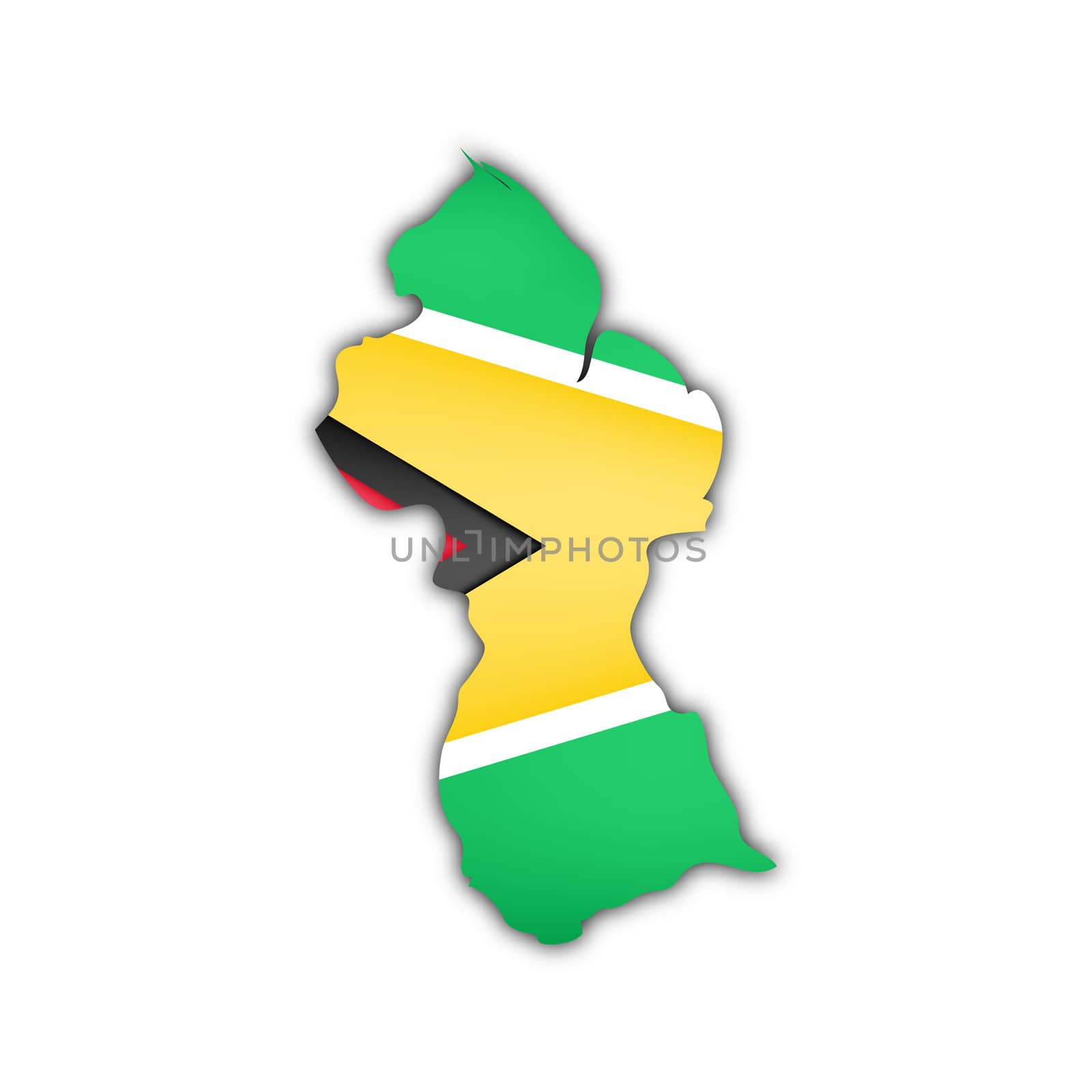 map and flag of guyana with shadow on white background