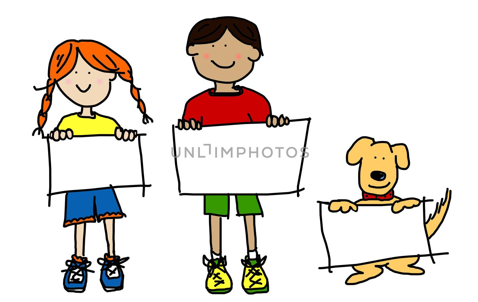 Large cartoon characters: simplisticand colorful line drawings of two smiling kids and their dog holding up blank poster board