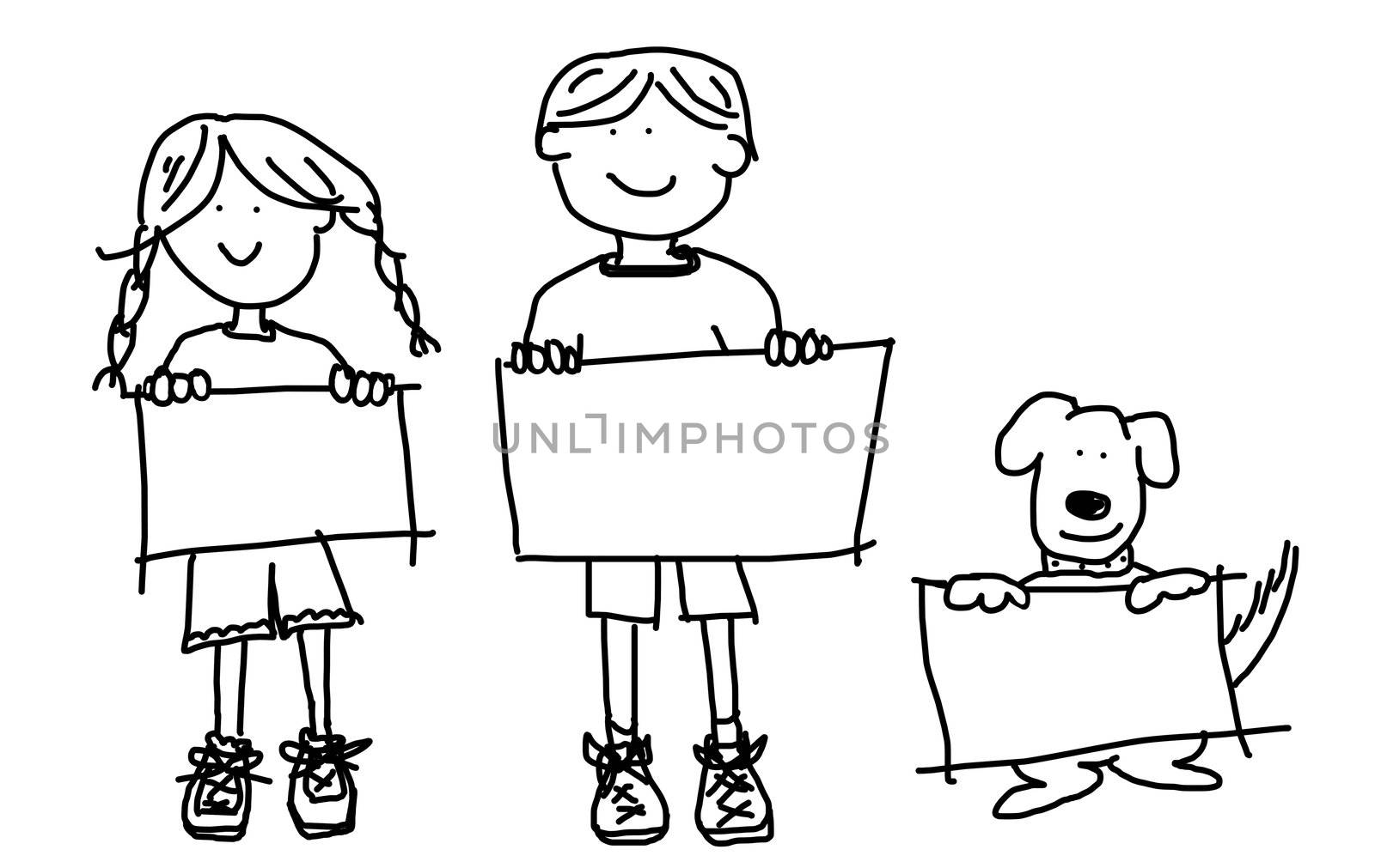 Kids and dog holding empty signs illustration by Mirage3