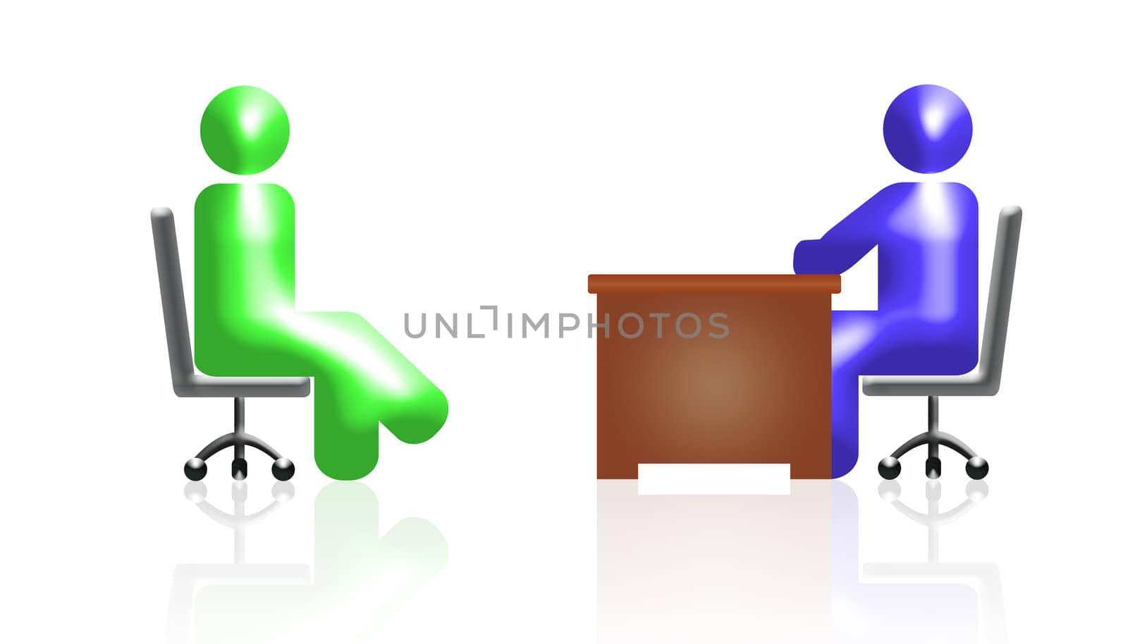 two icons of businessmen in the work situation.
white background and reflection