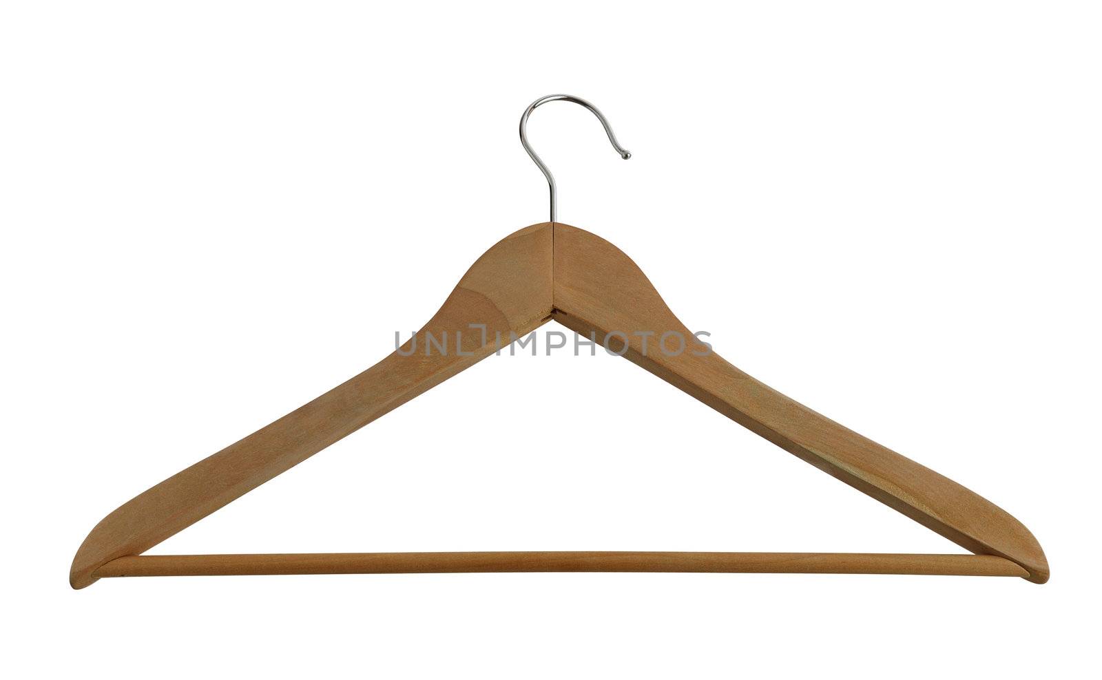 Classic wooden closet hanger with metallic hook isolated on white background