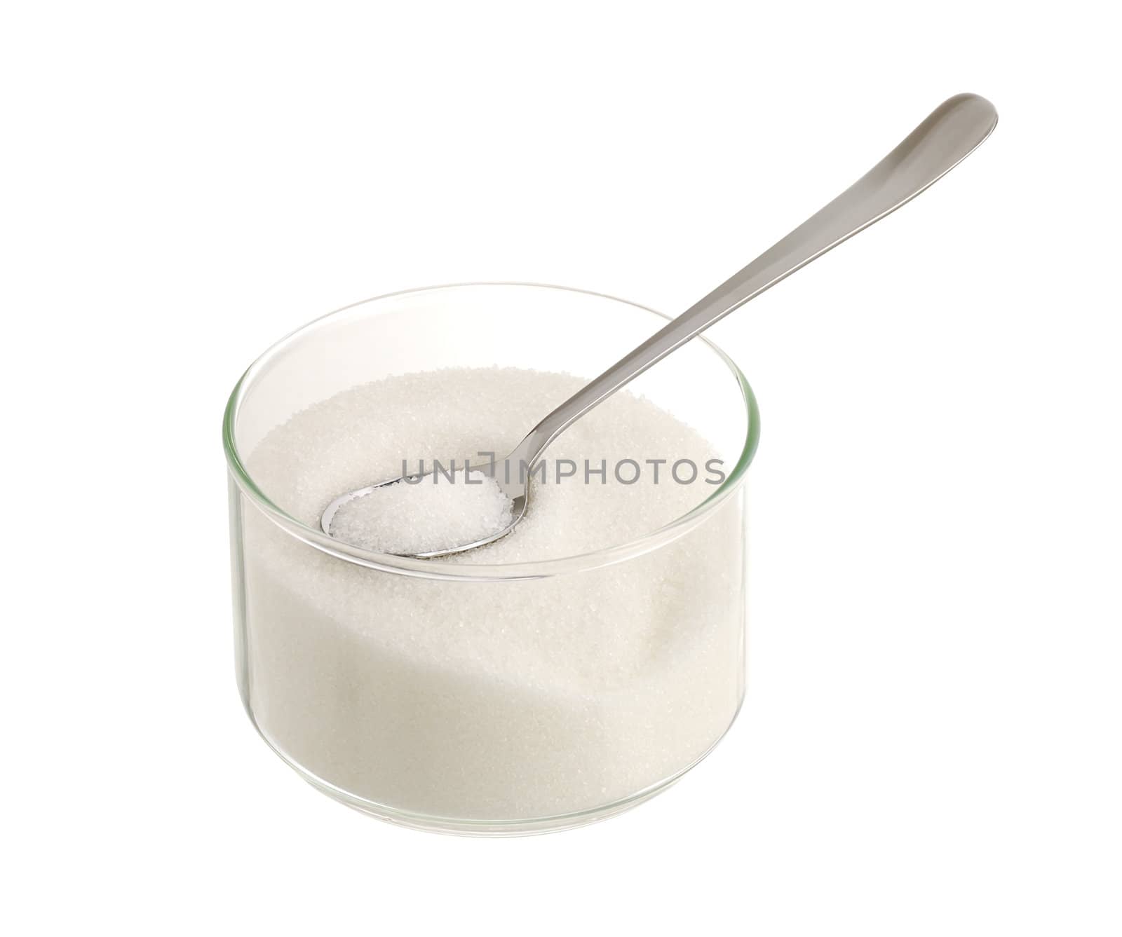 White sugar in glass bowl with teaspoon isolated on white background