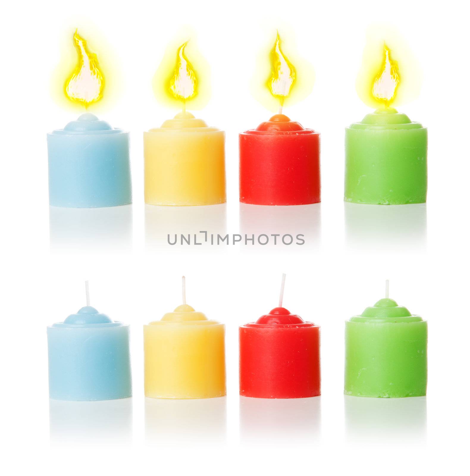 4 colorful candles with candlelight and without it. Isolated over white background