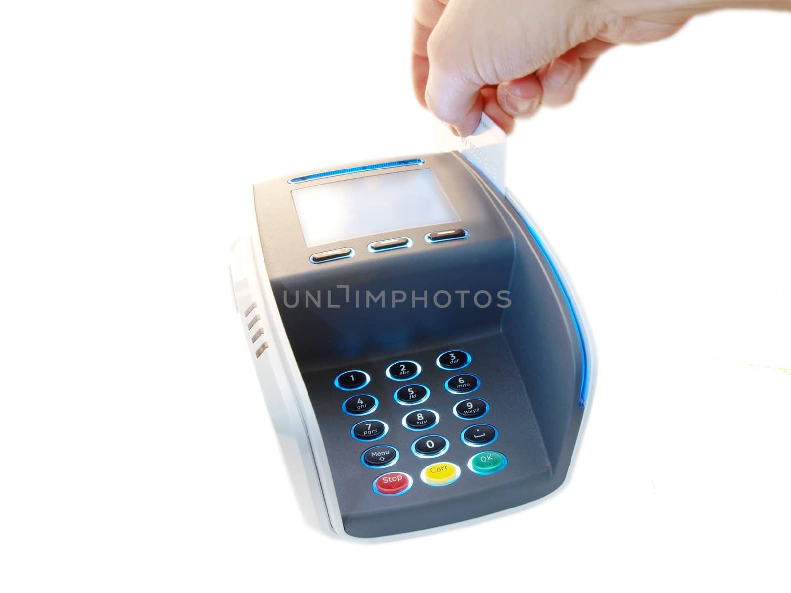 Someone paying with a magnet card, on a payment terminal