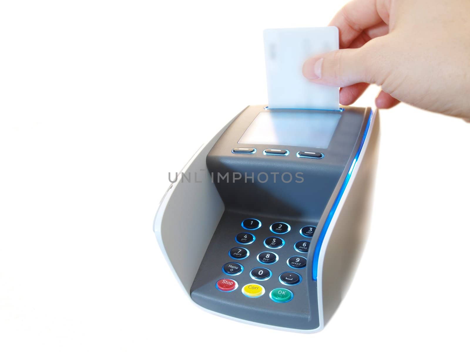 Someone inserting a chip payment card, on a payment terminal
