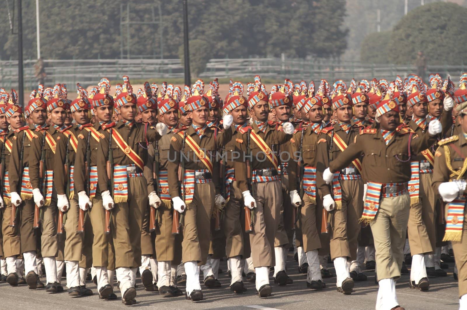 Soldiers in best dress uniform marching down the RajPath in preparation for the Republic Day Parade in Delhi, India