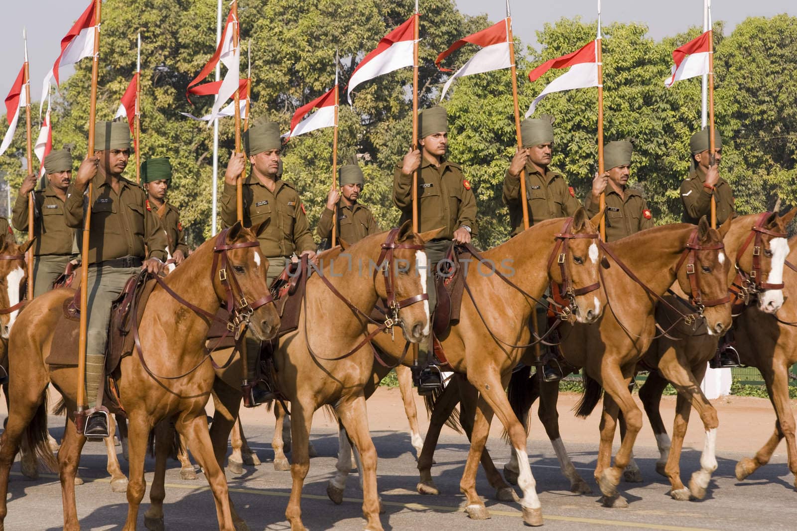 Mounted soldiers parading down the Raj Path, New Delhi in preparation for the Republic Day Parade