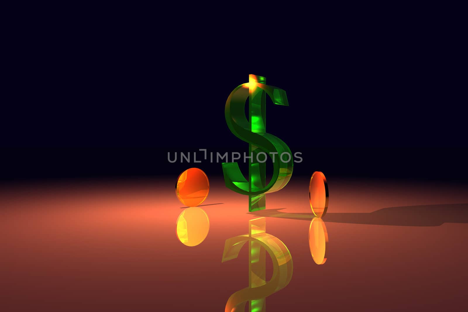 Dollar sign with gold coins in orange light