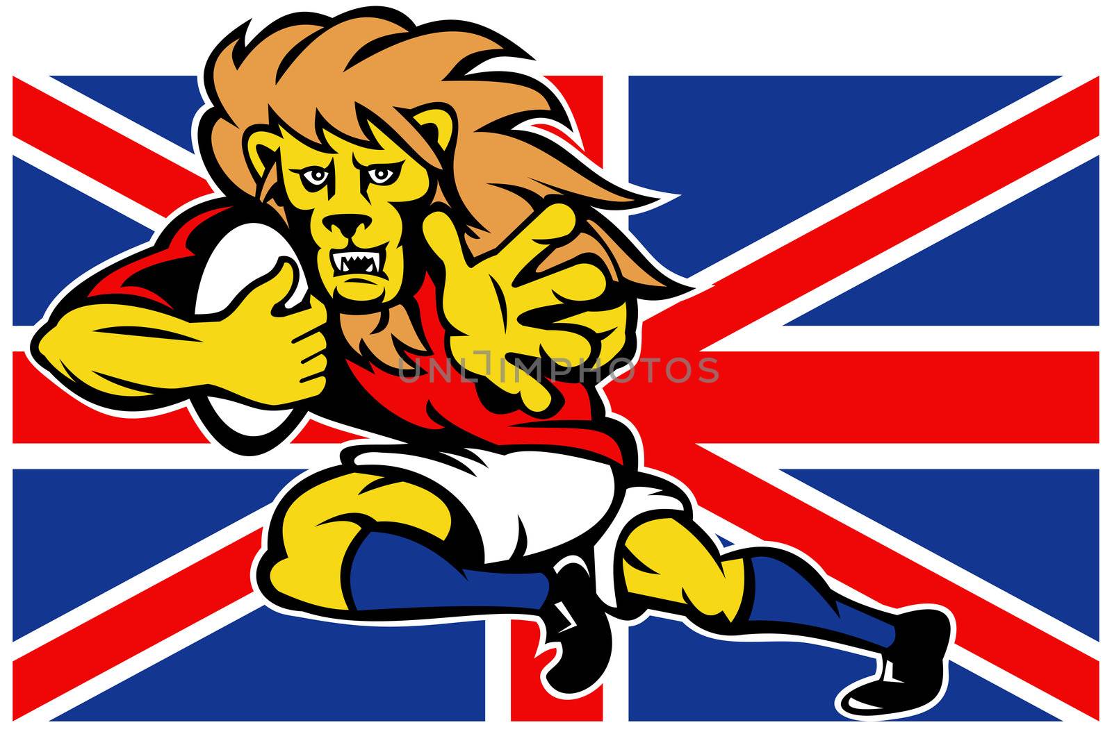 illustration of a cartoon British Lion playing rugby running with ball fending off with Union Jack Flag isolated on white background