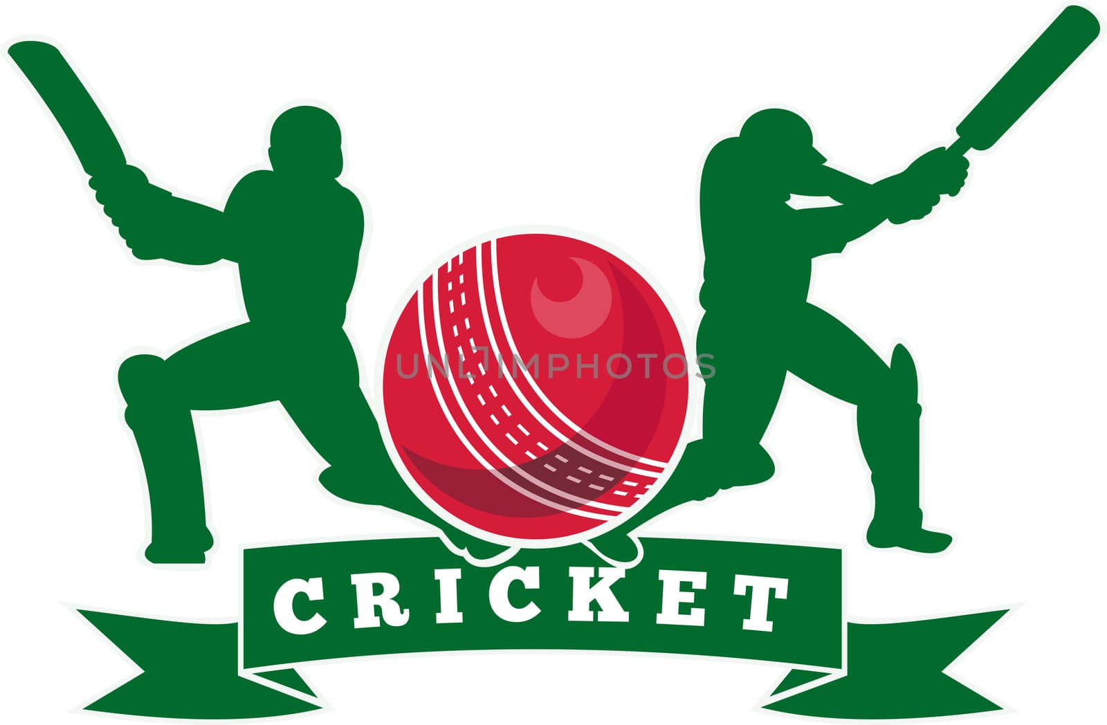 illustration of a cricket player batsman silhouette batting front view with ball flying out done in retro style on isolated white background