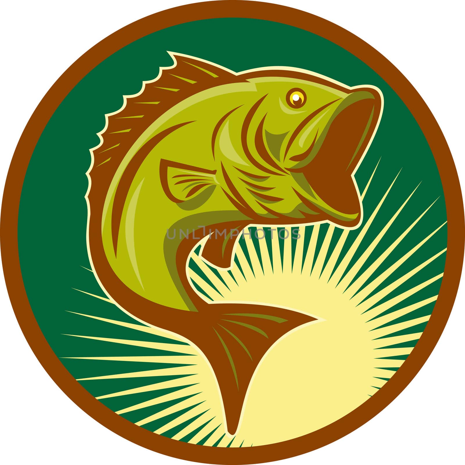 illustration of a largemouth bass fish jumping set inside circle with forest green background done in retro style