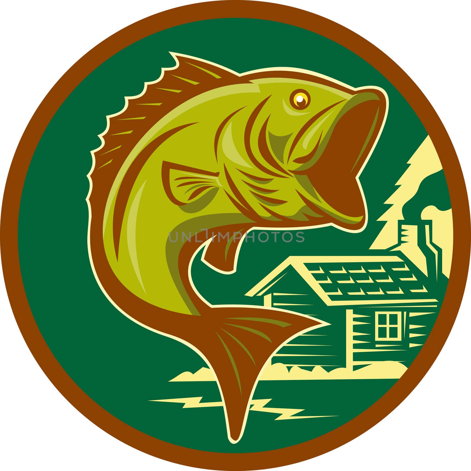 illustration of a largemouth bass fish jumping set inside circle with log cabin in background background done in retro style