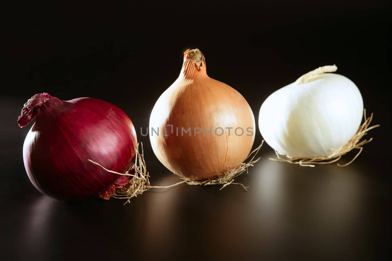 Three colorful different onion in varied colors over black