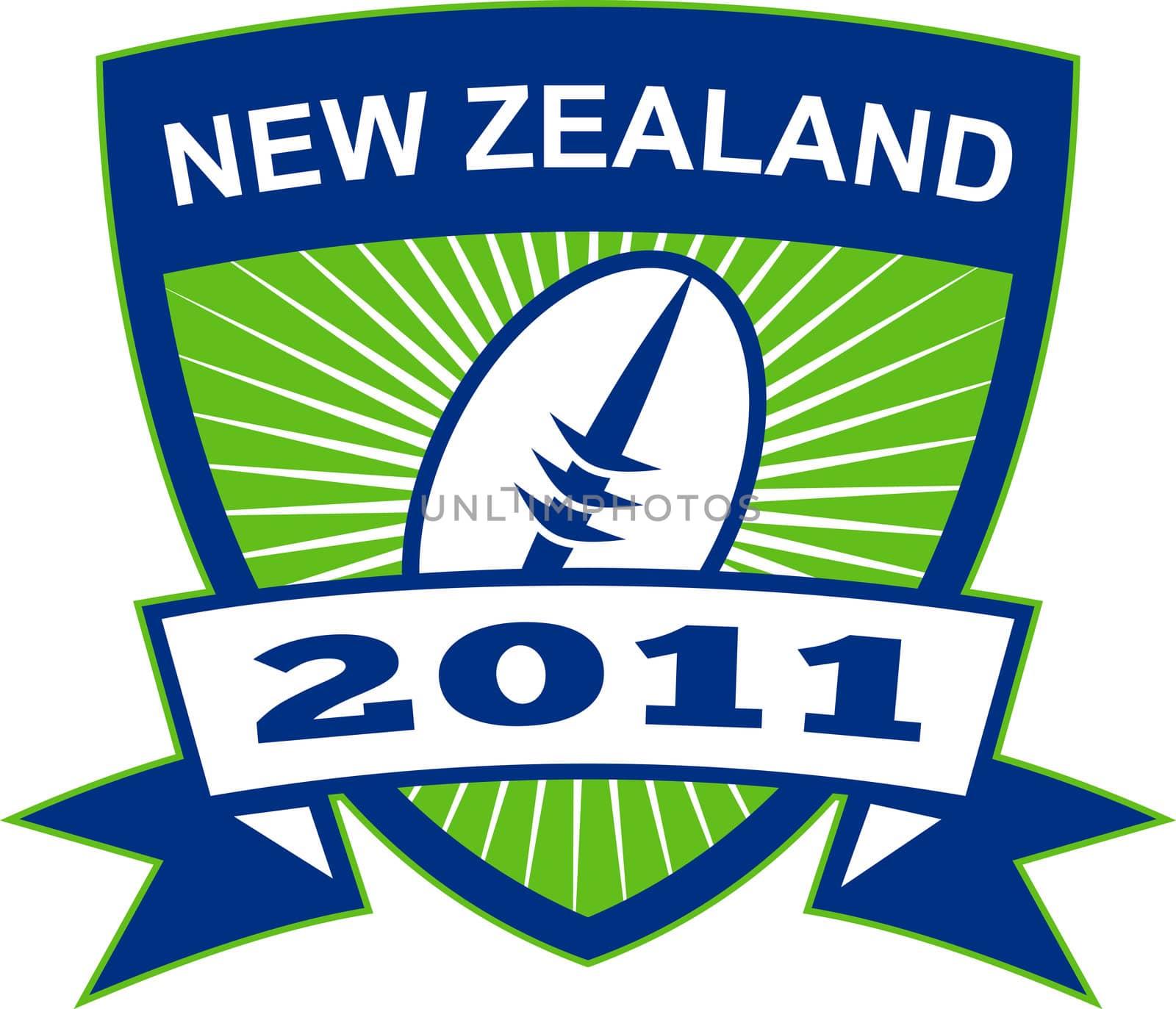 illustration of a rugby ball inside shield with sunburst and words "New Zealand 2011"