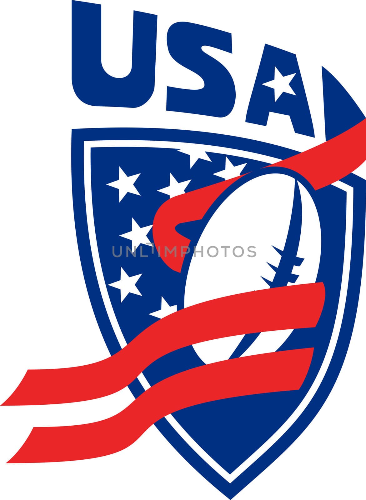 illustration of a American rugby football ball with red ribbon stripe and stars shield with words USA