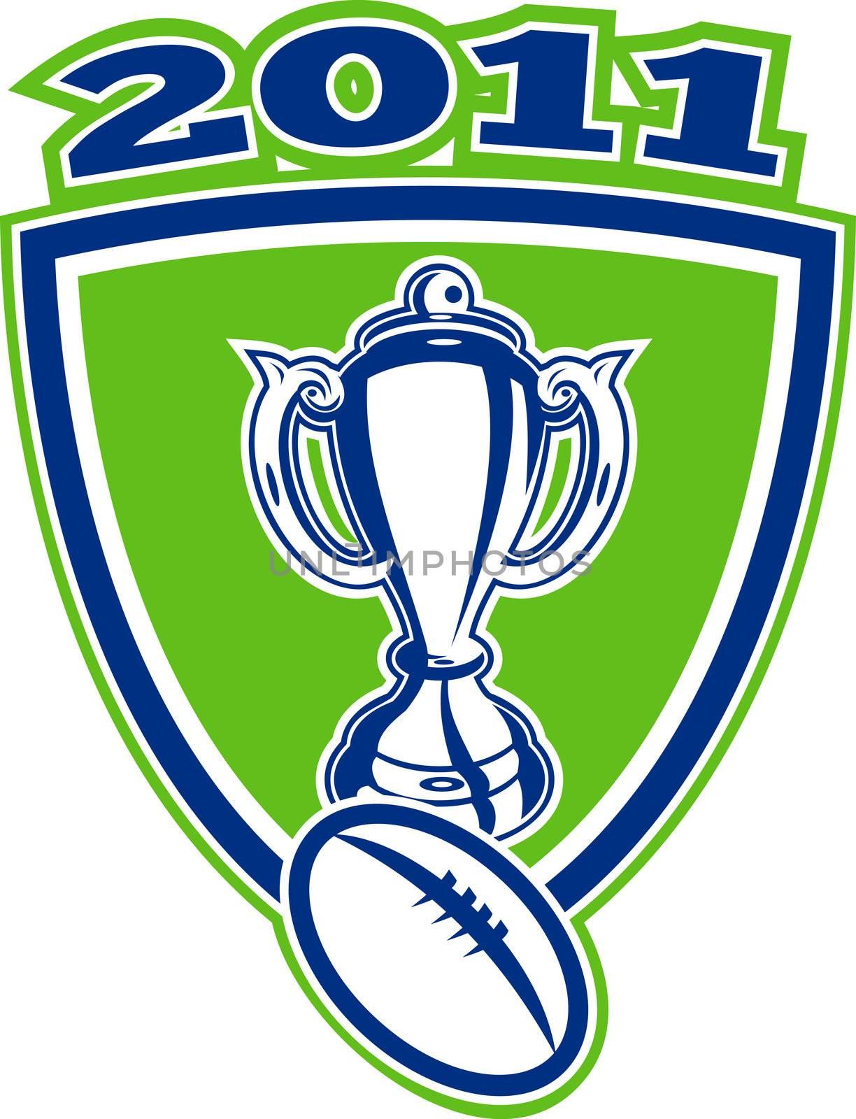 illustration of a championship world cup or trophy with rugby ball and shield and words 2011