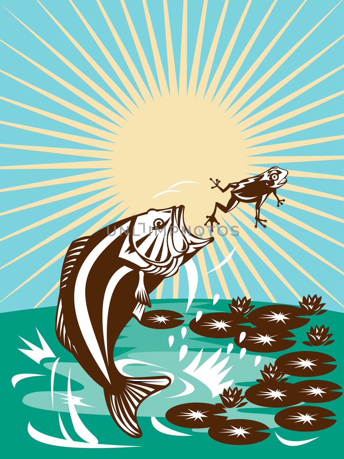 illustration of a largemouth bass jumping catching a frog with lily pad and flower done in retro style
