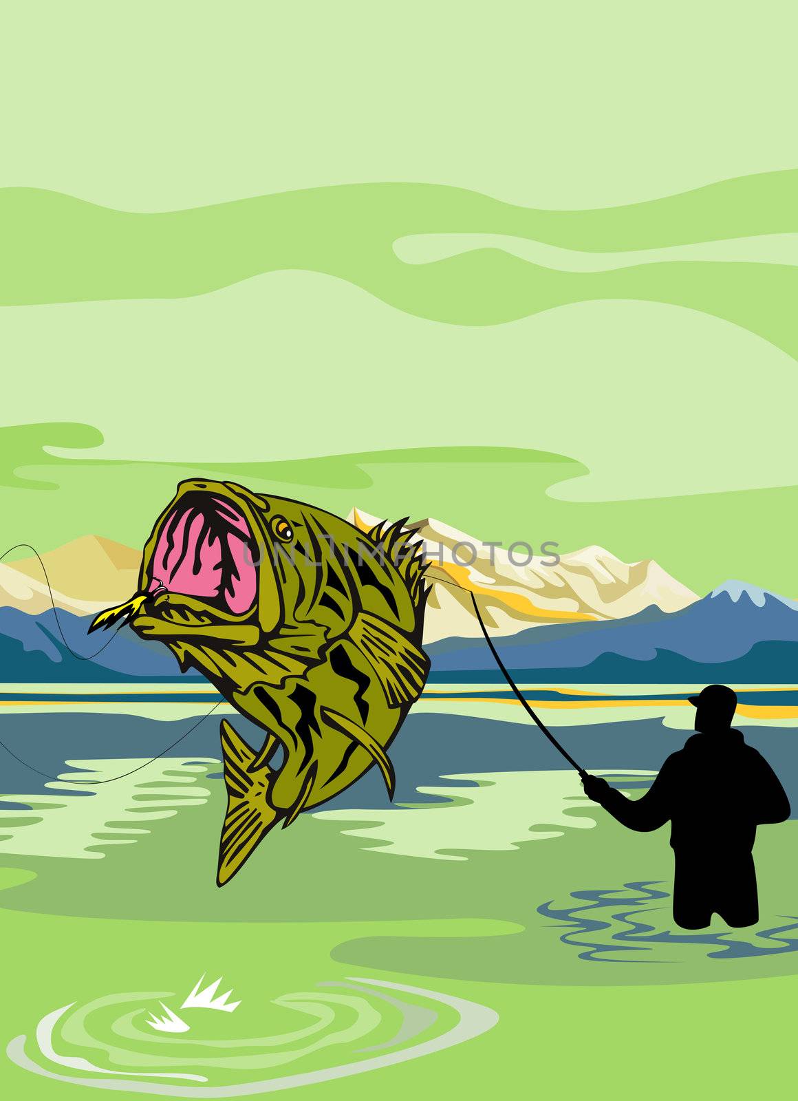 illustration of a Largemouth Bass Fish jumping being reeled by Fly Fisherman with Fishing rod done in retro style
