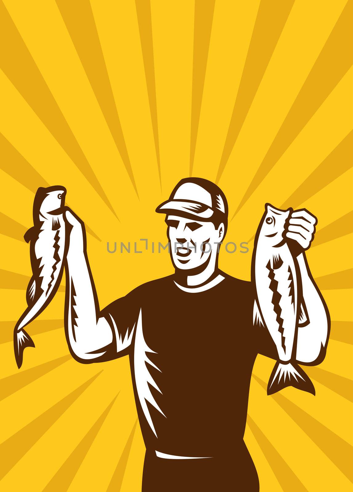 illustration of a Fly Fisherman holding up bass fish catch with sunburst in background done in retro style.