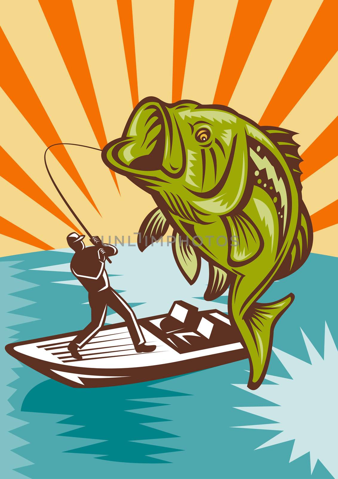 illustration of a Largemouth Bass Fish jumping being reeled by Fly Fisherman on bass boat with Fishing rod 
done in retro styl