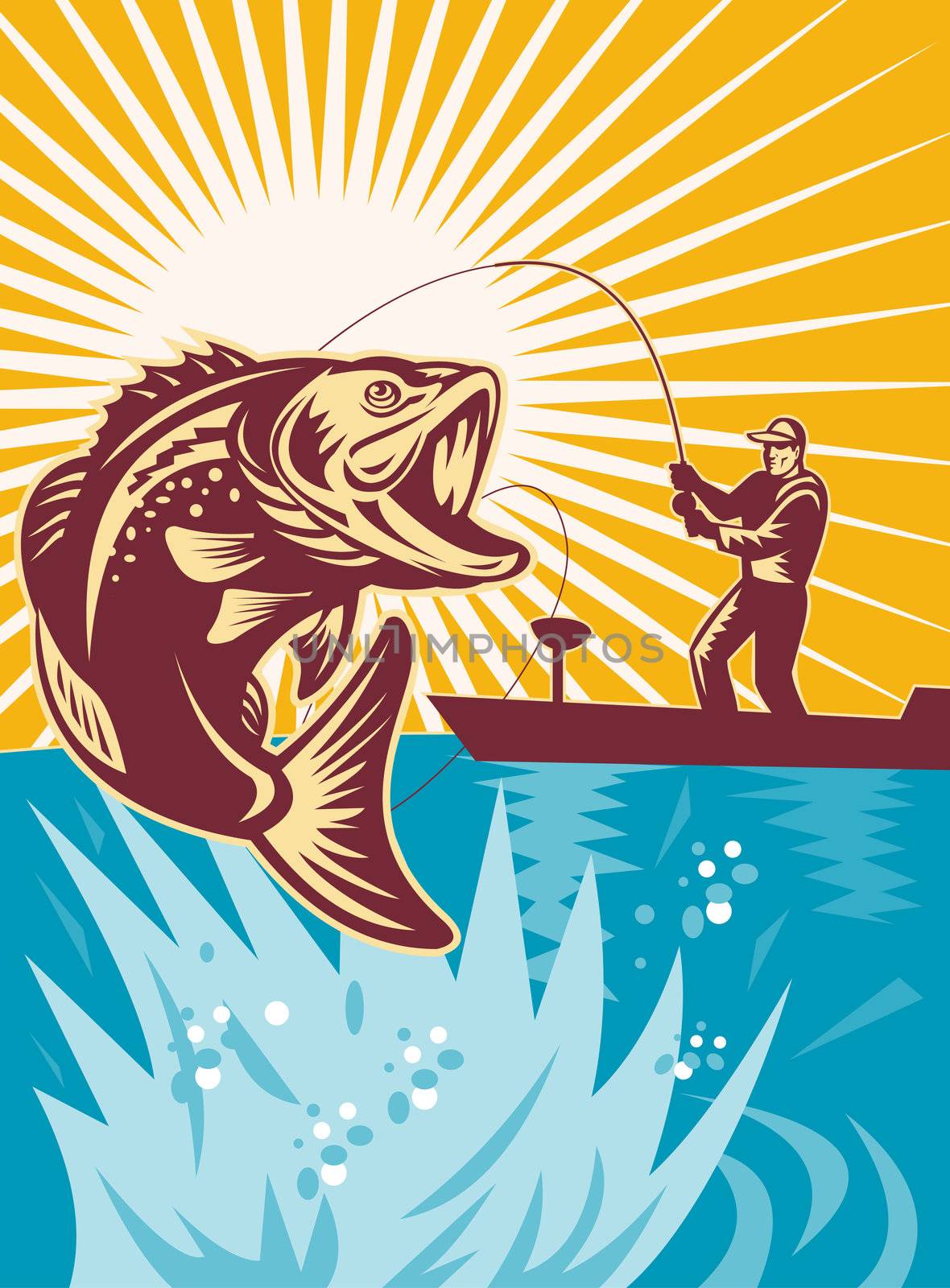 illustration of a Largemouth Bass Fish jumping being reeled by Fly Fisherman on bass boat with Fishing rod 
done in retro style