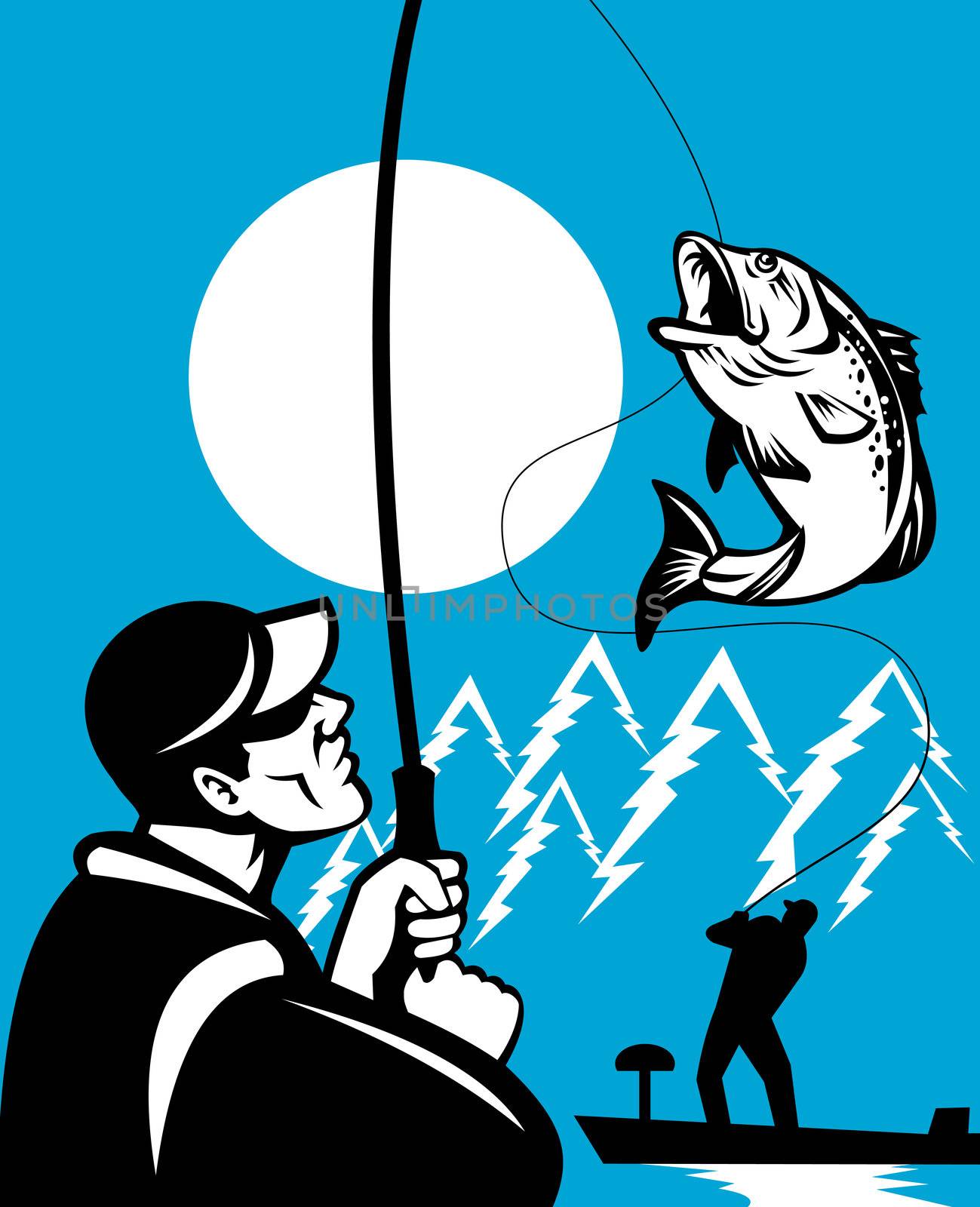illustration of a Largemouth Bass Fish jumping being reeled by Fly Fisherman on bass boat with Fishing rod done in retro style
