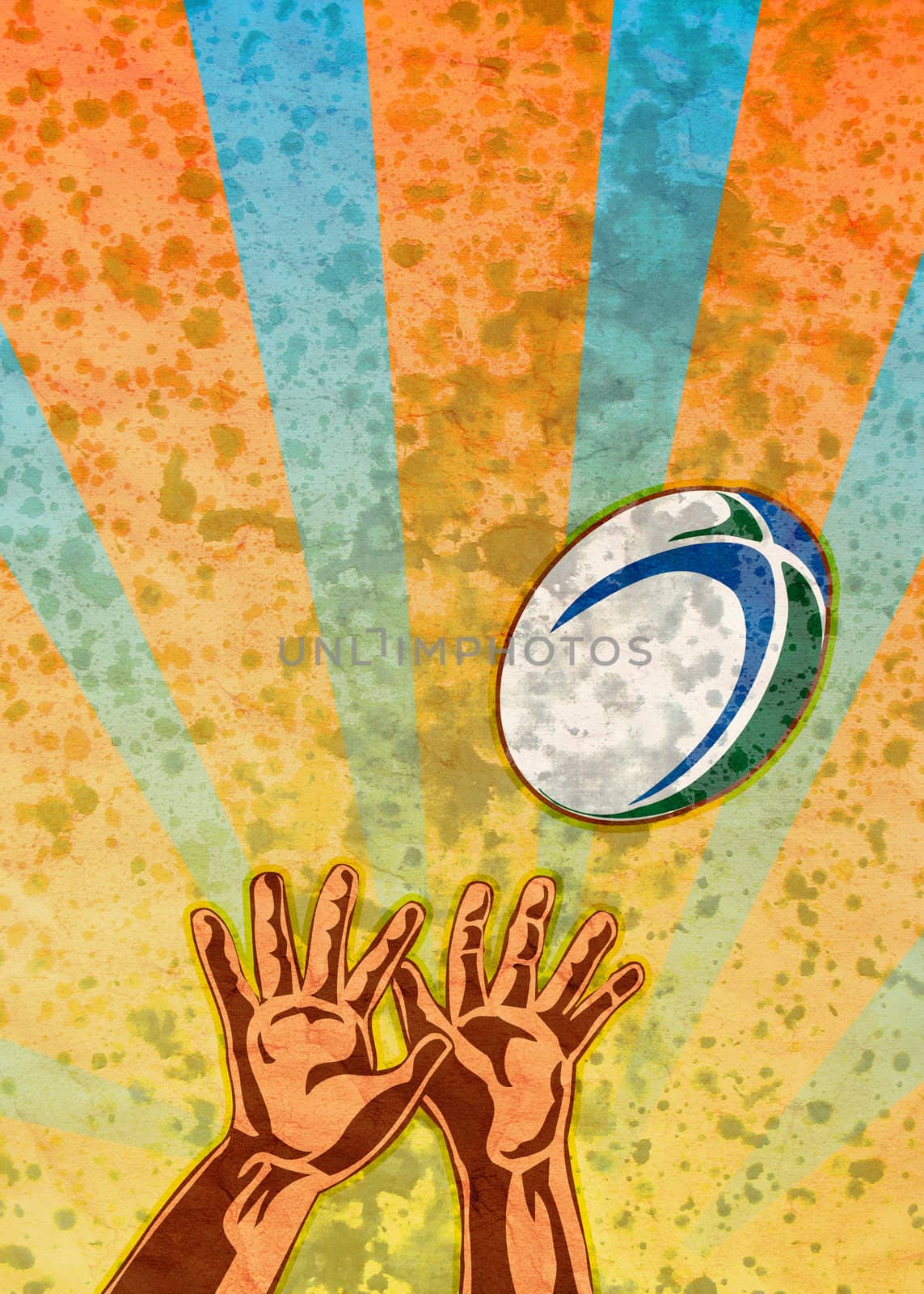 poster illustration of a rugby player hands catching ball with grunge texture sunburst background