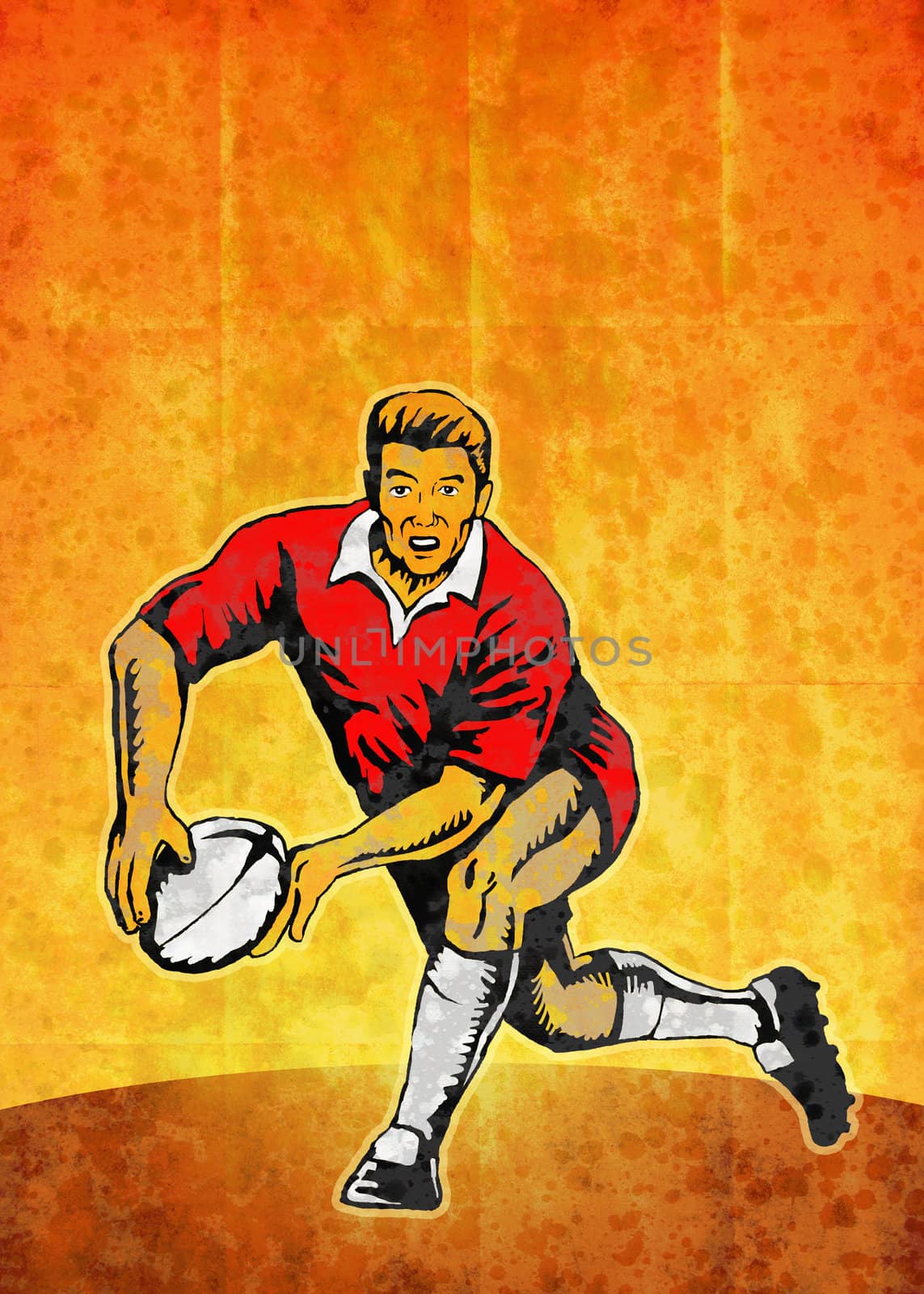poster illustration of a rugby player running passing with ball with grunge texture background