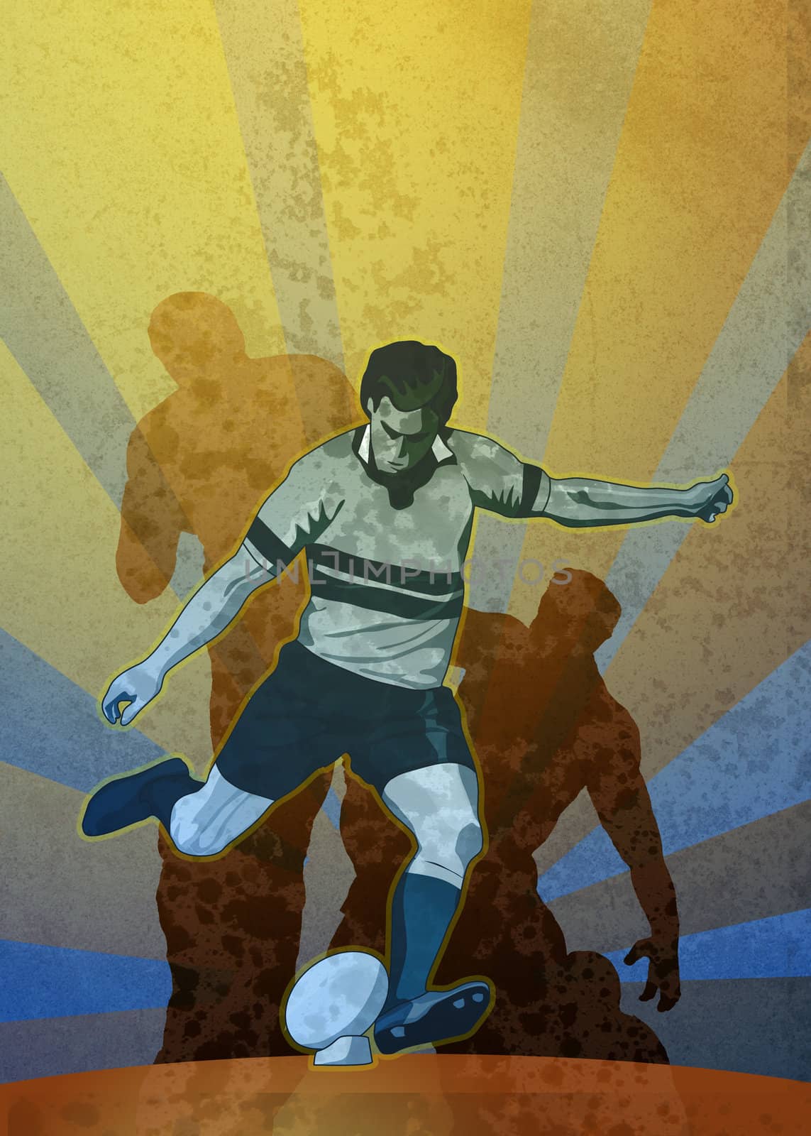 poster illustration of a rugby player kicking the ball with sunburst in background with grunge texture