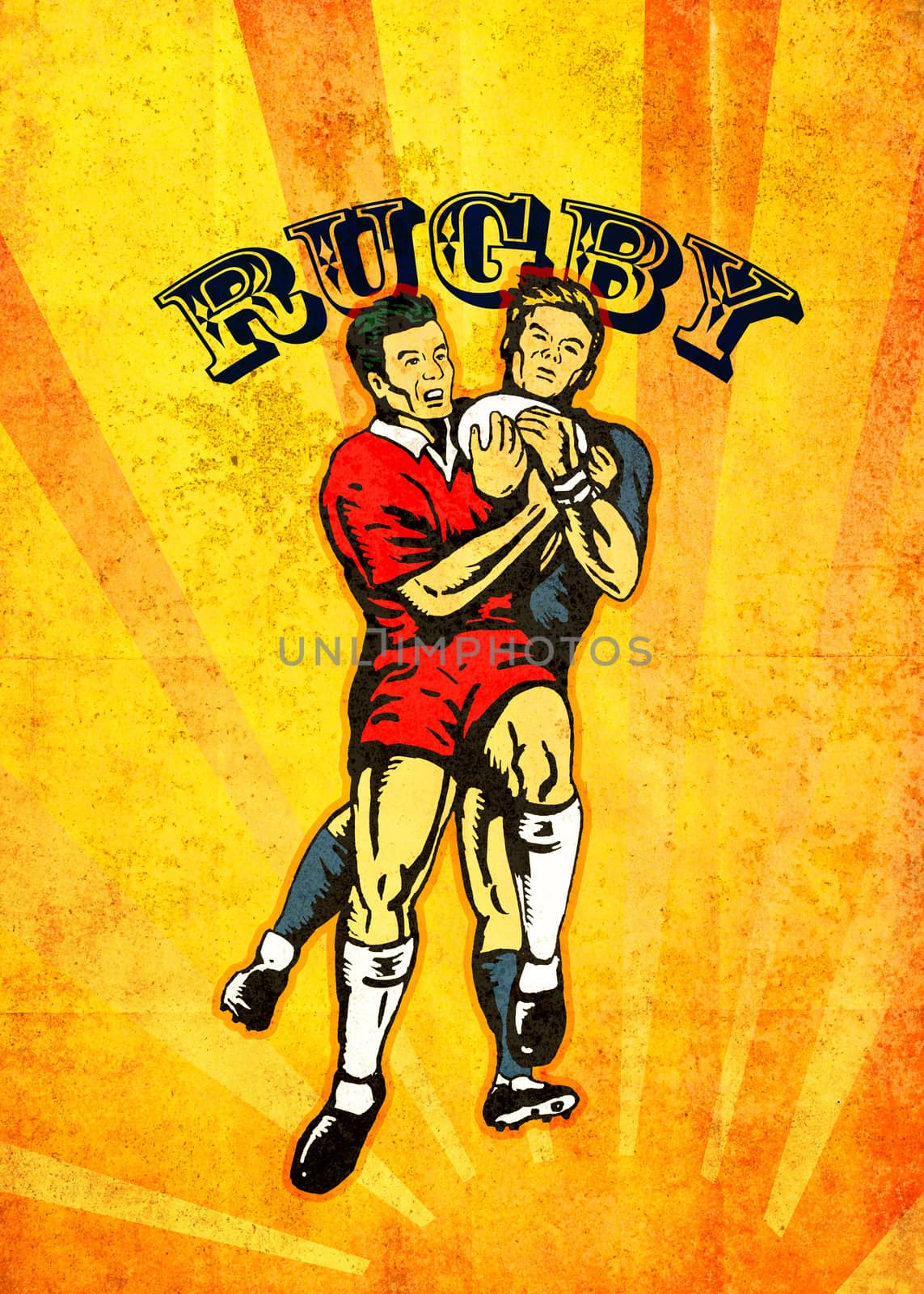 poster illustration of rugby players jumping catching ball with sunburst and grunge texture background with word rugby