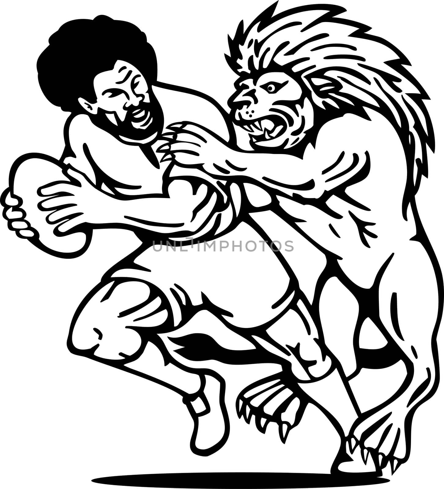 illustration of  a Rugby player running with ball attack by lion done in black and white