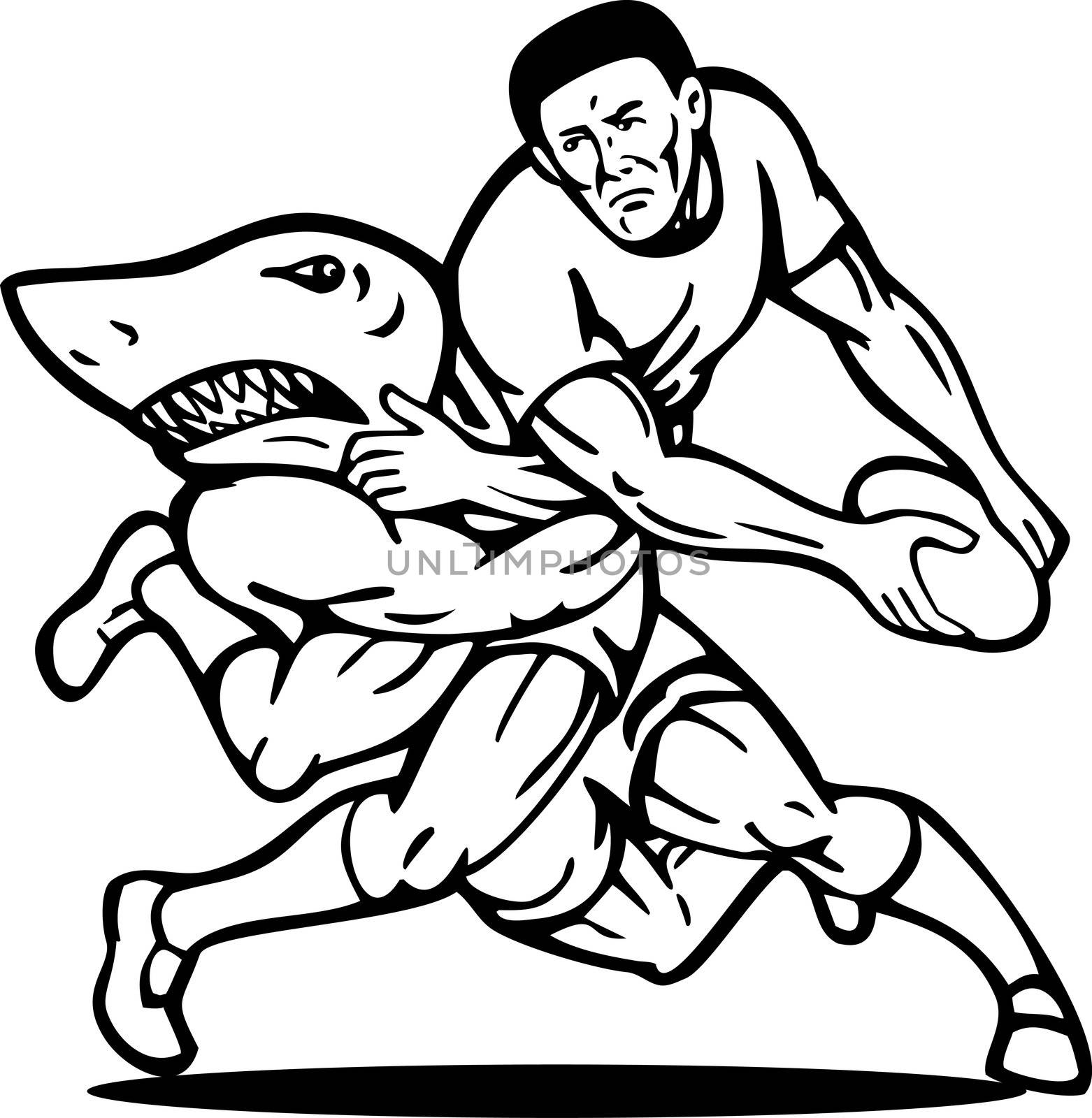 illustration of a Rugby player about to passing ball tackled attacked by shark done in black and white.