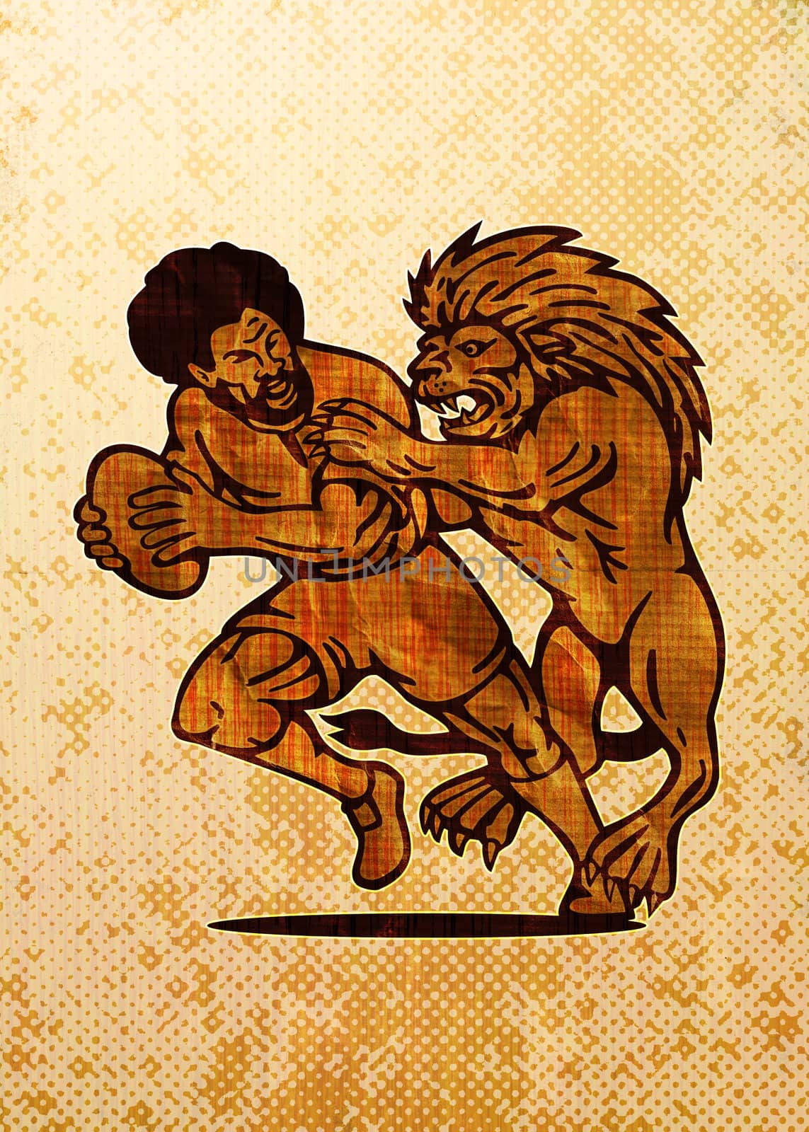 illustration of  a Rugby player running with ball attack by lion with grunge and wood grain texture background