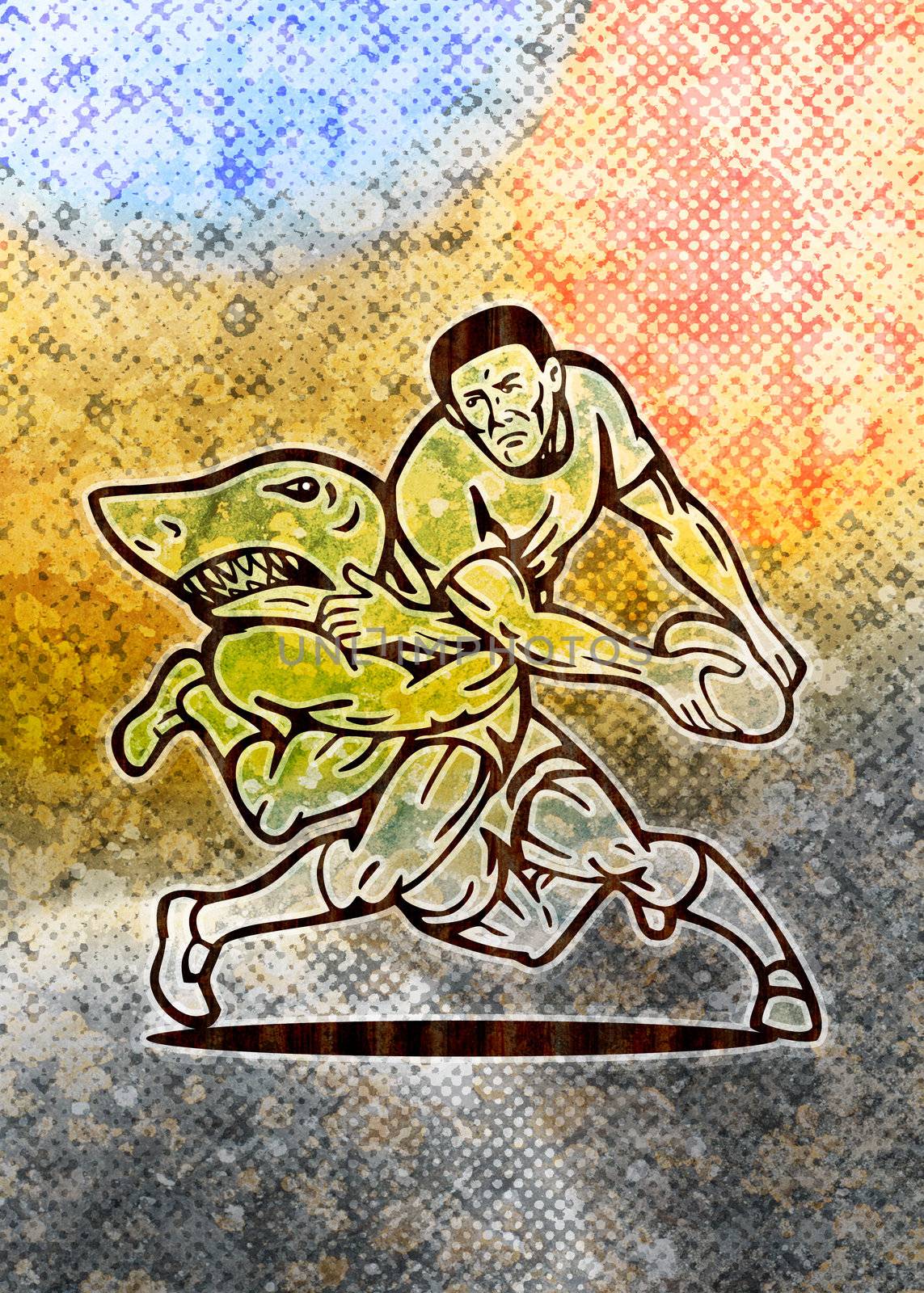 illustration of  a Rugby player running with ball attacked by shark with grunge  texture background