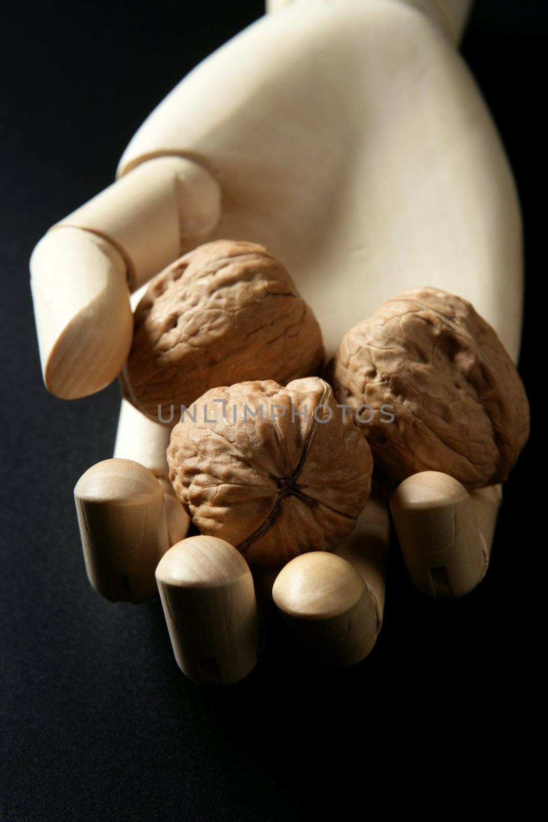 Mannequin wooden hand holding three walnuts by lunamarina