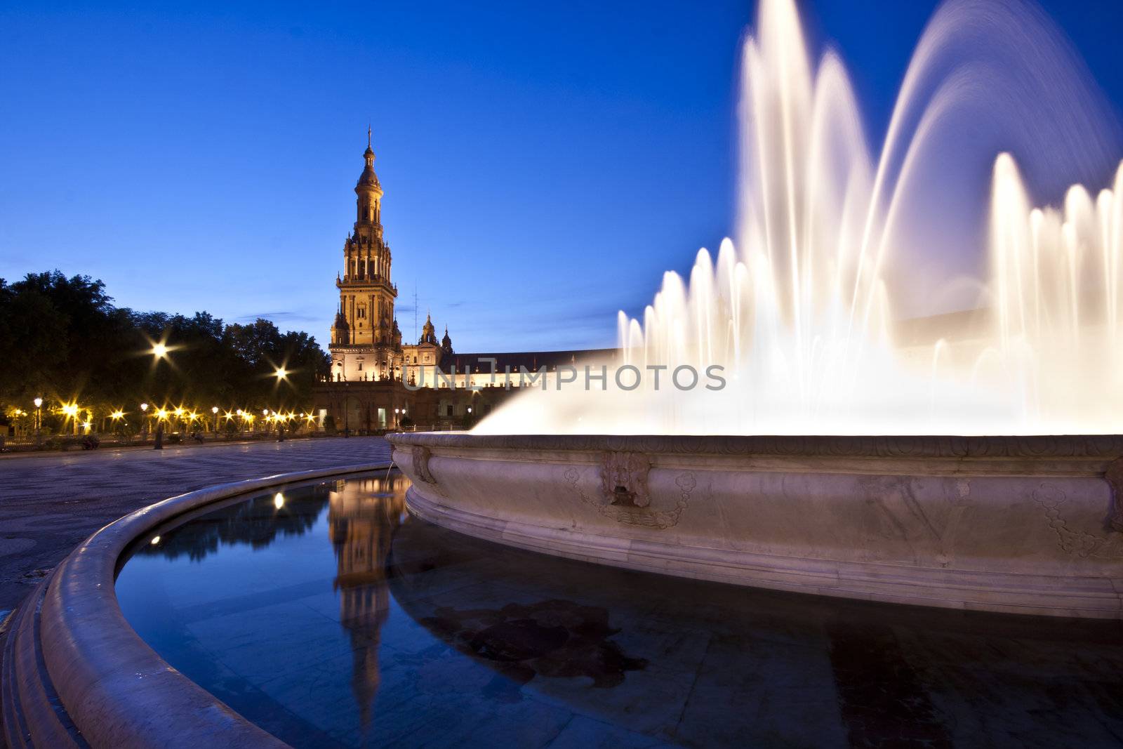 A view of the Plaza de Espana in Seville at dusk, Spain