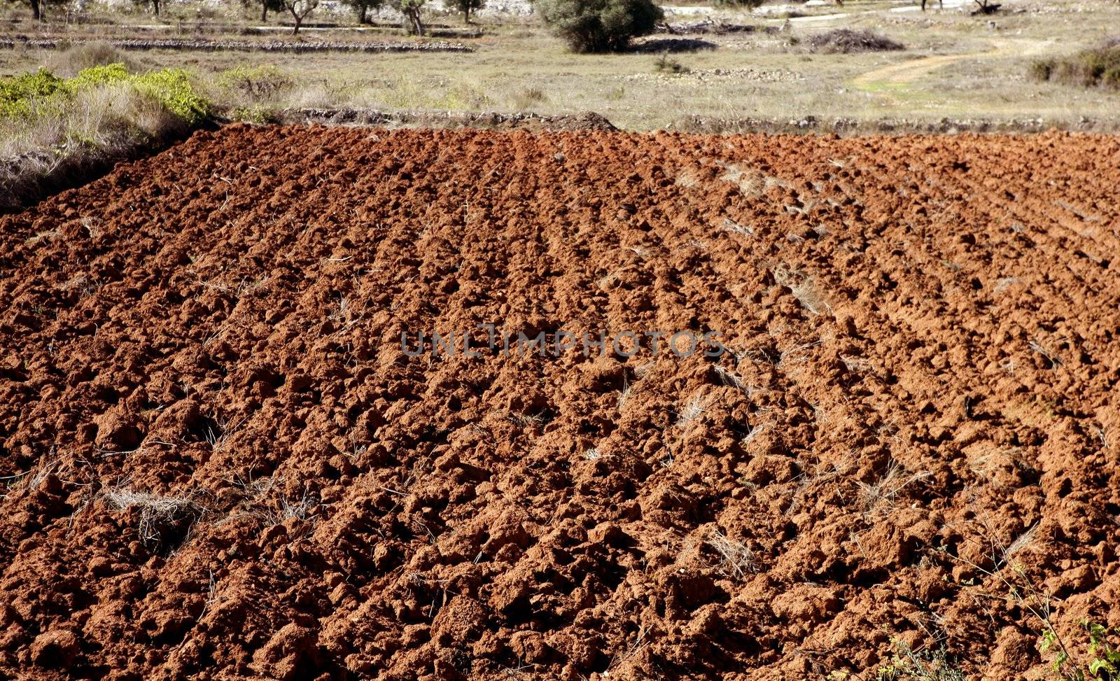 Plowed field in red clay, spain by lunamarina