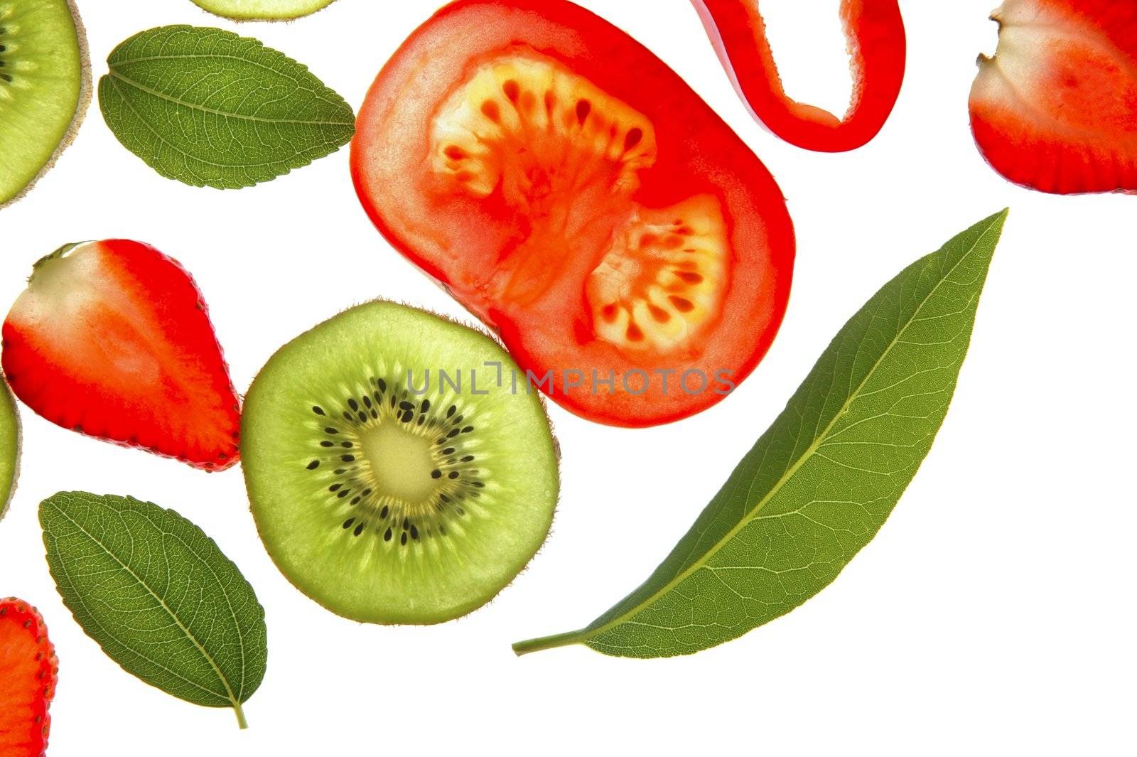 Bay tree leaf, strawberry, red pepper, kiwi and tomato transparent slices