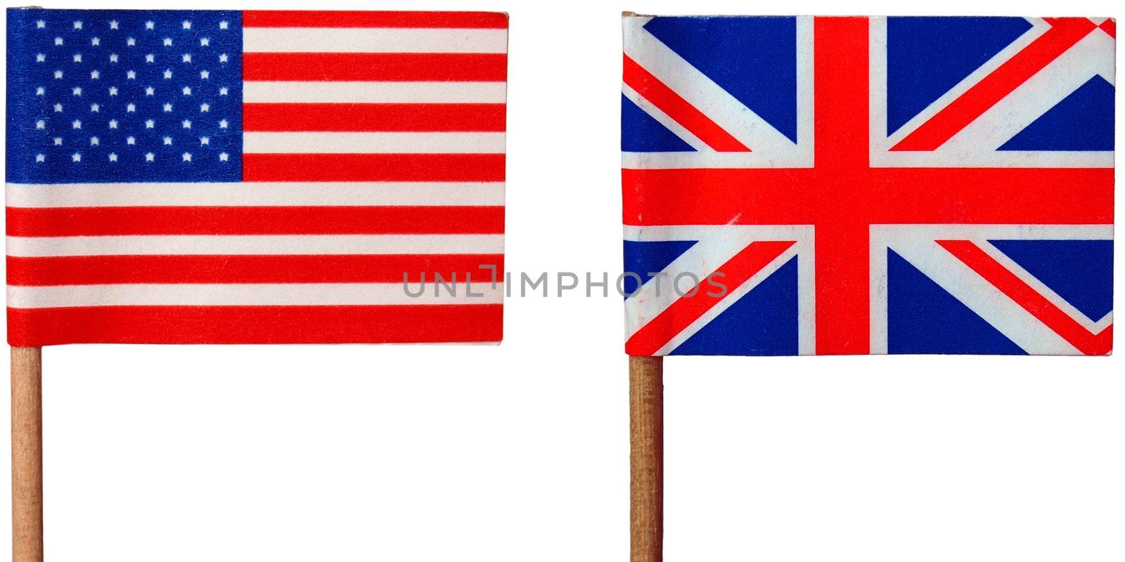 Flags of the UK (Union Jack) and USA isolated over white