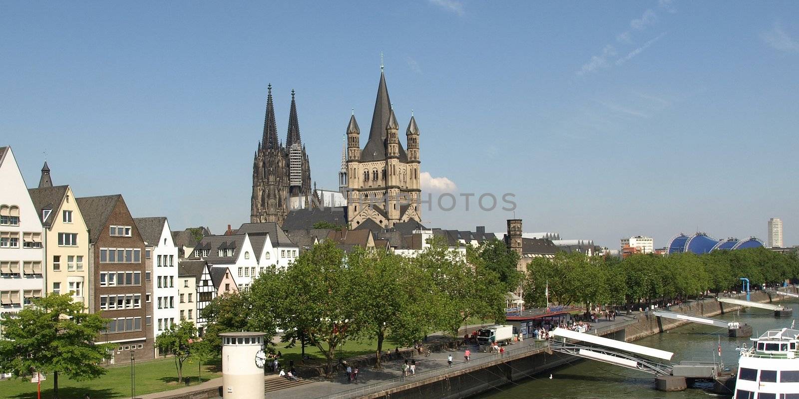 Koeln (Germany) panorama including the gothic cathedral and river Rhine