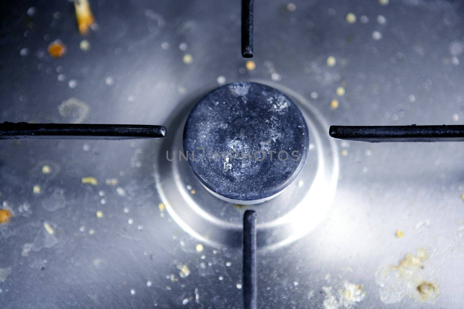 Dirty kitchen burner on stainless steel macro
