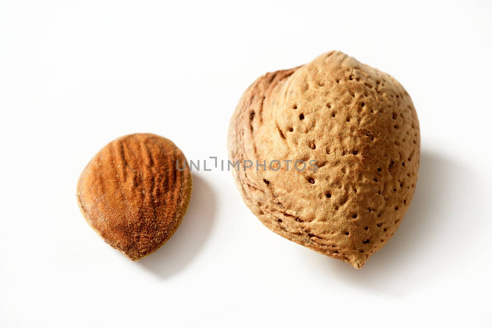 Almond macro image over white background, studio shot