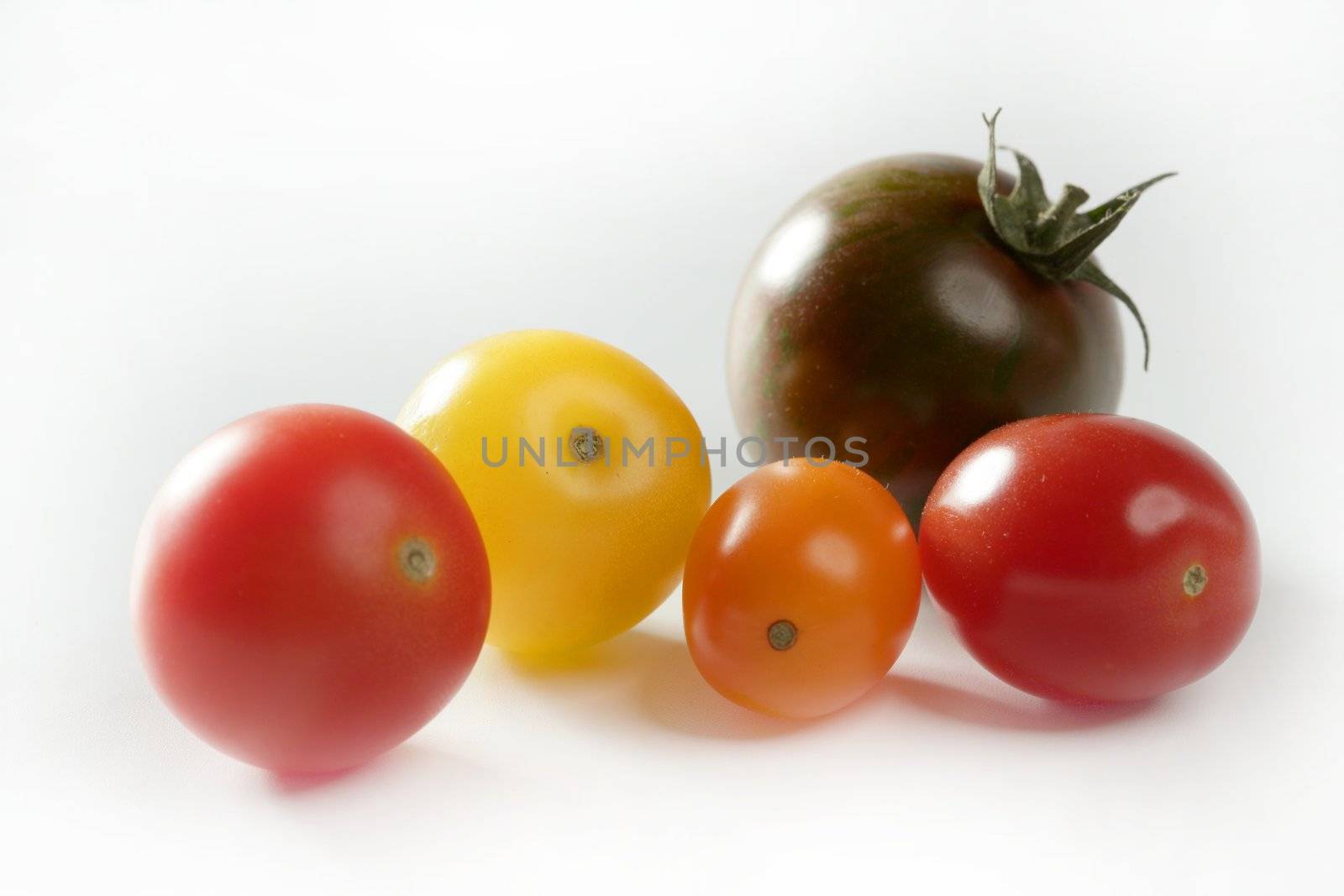 Little cherry varied multi color tomatoes, at studio, white background