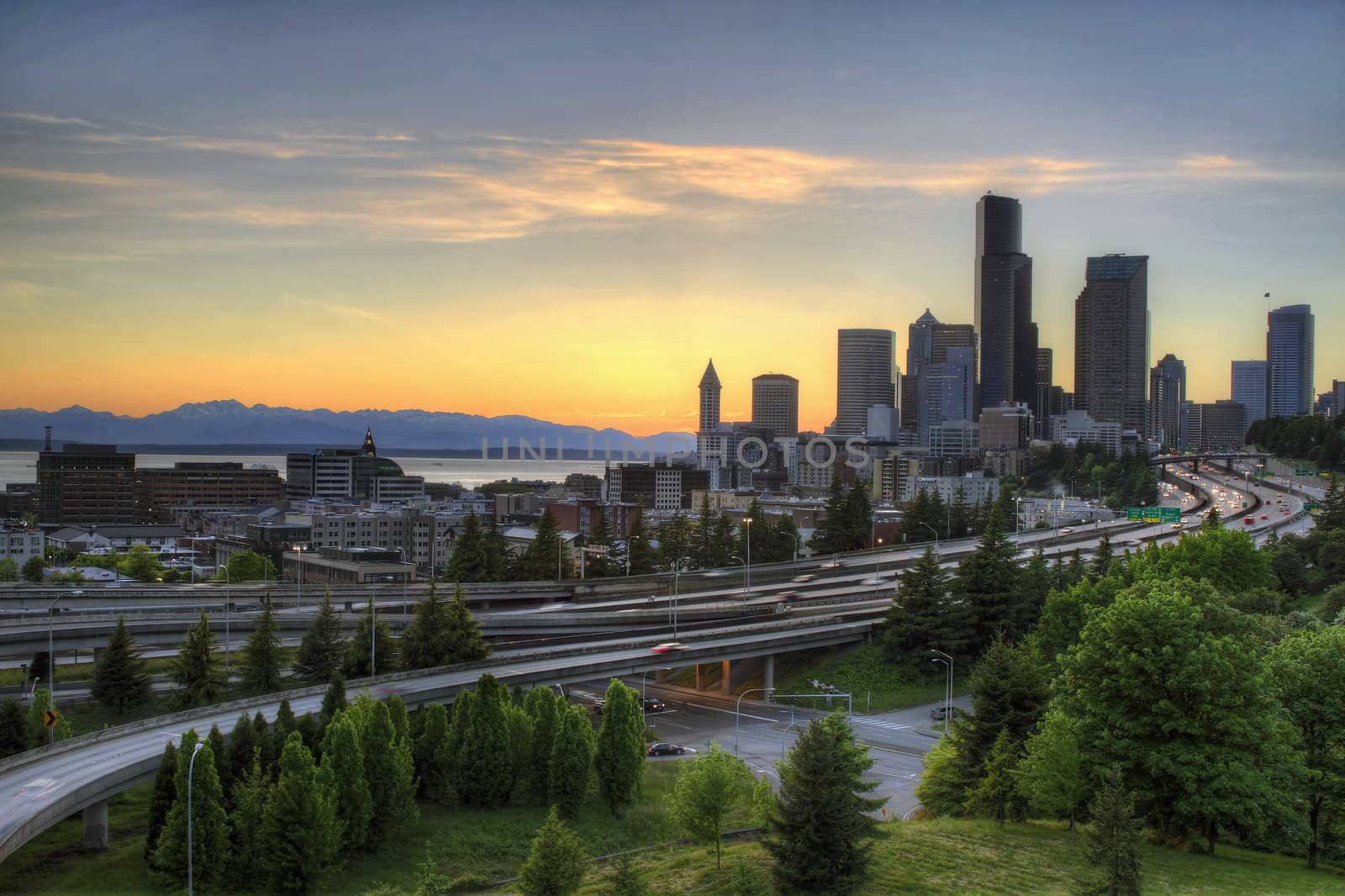 Seattle Washington Skyline and Freeway at Sunset