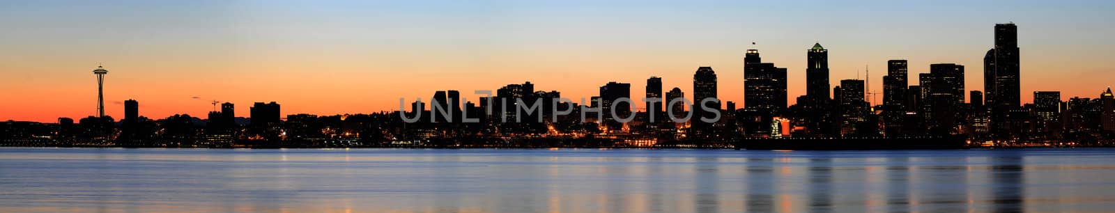 Seattle Skyline and Puget Sound at Sunrise by Davidgn