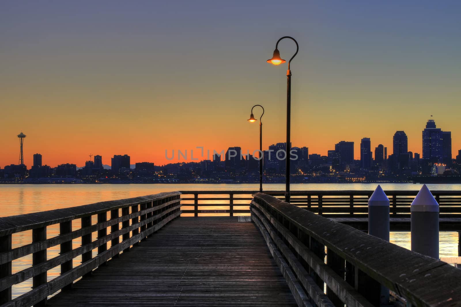 Seattle Skyline from the Pier at Sunrise by Davidgn