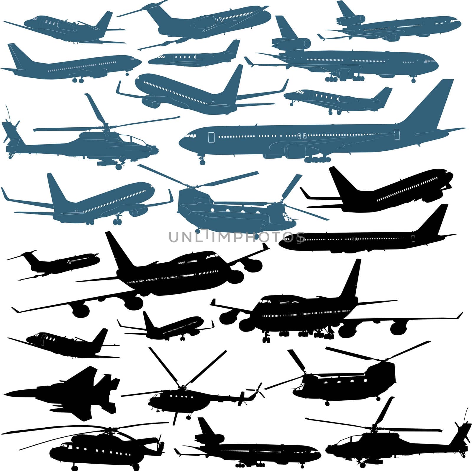 Illustrations of passenger airliners, millitary chopters