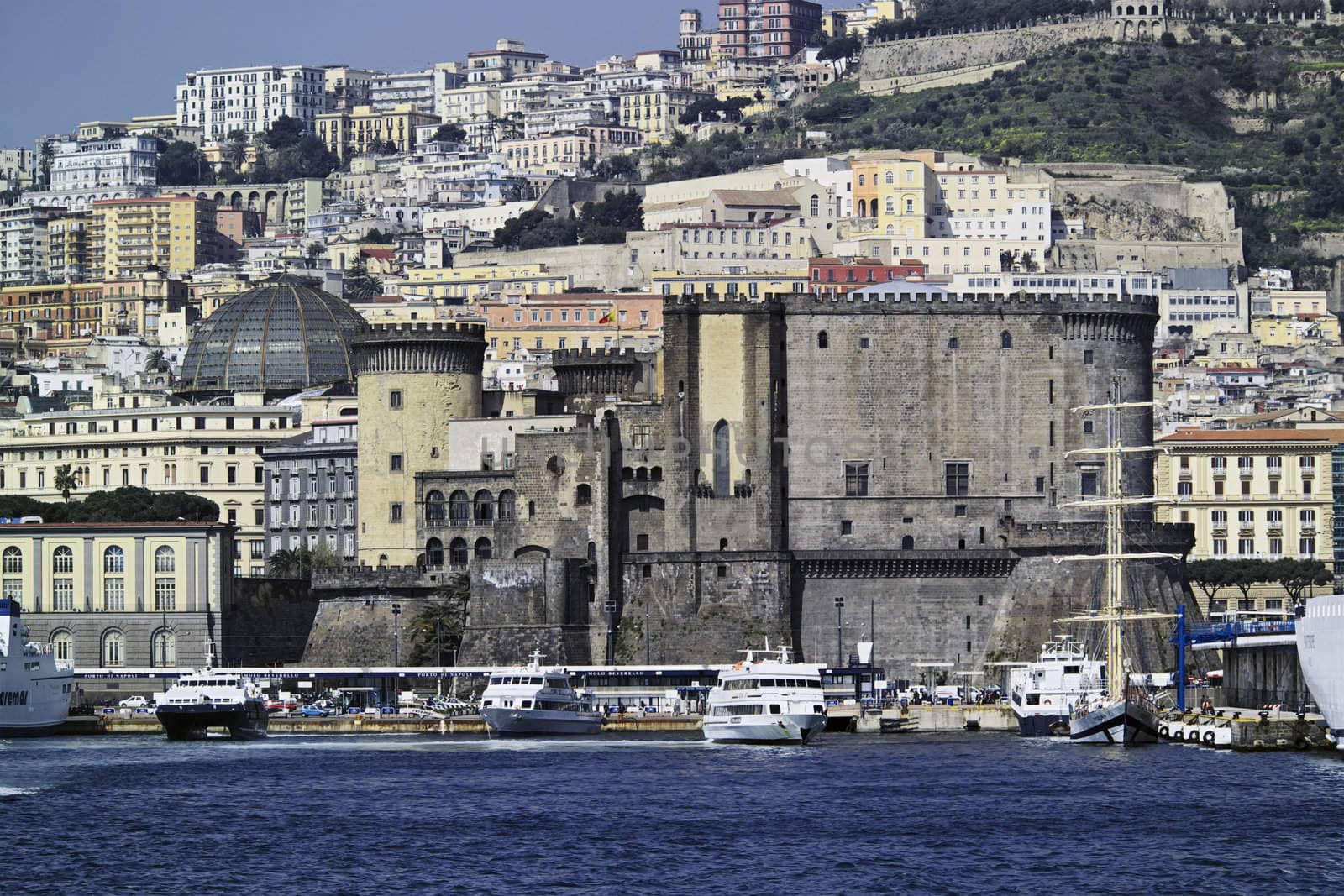 ITALY, Campania, Naples, view of the city, the port and Castel Dell'Ovo from the sea